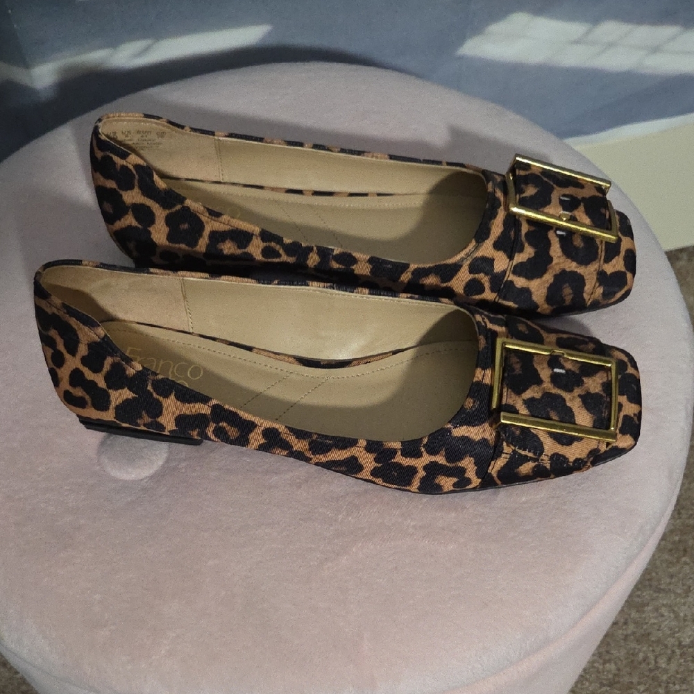 Franco Sarto Animal Print Flats with Gold Buckle